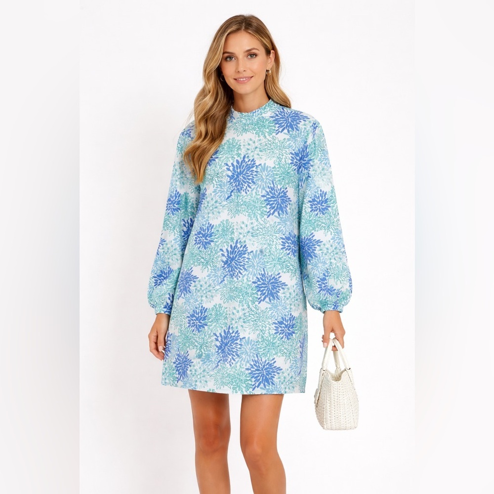 Sail to Sable Blue Green Floral Shift Dress Long Sleeve Size Large resortwear